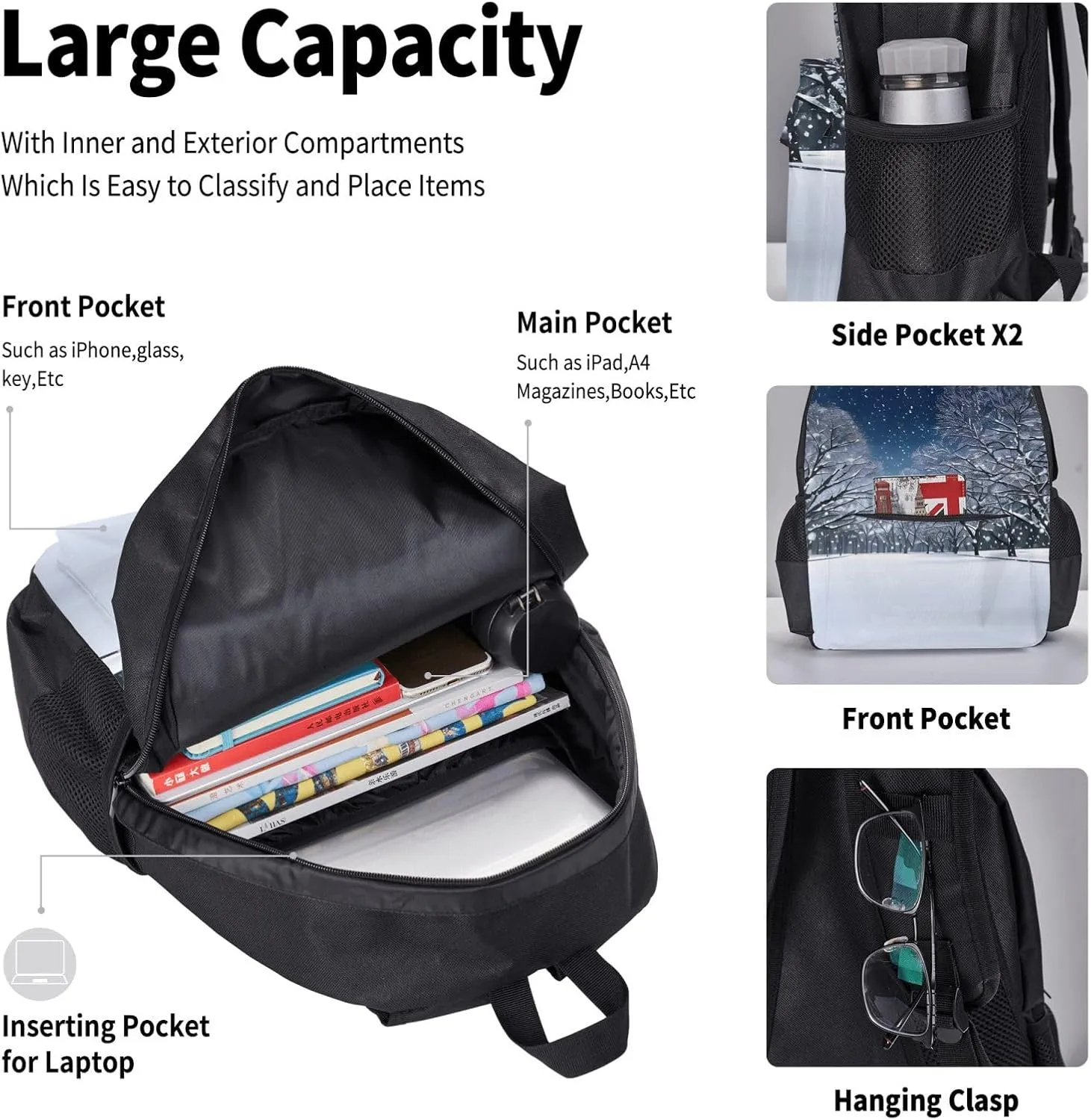 3-In-1 Backpack Bookbag Set,Winter Snow Falling In The Park Print Casual Travel Backpacks,With Pencil Case Pouch, Lunch Bag