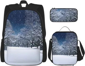 3-In-1 Backpack Bookbag Set,Winter Snow Falling In The Park Print Casual Travel Backpacks,With Pencil Case Pouch, Lunch Bag