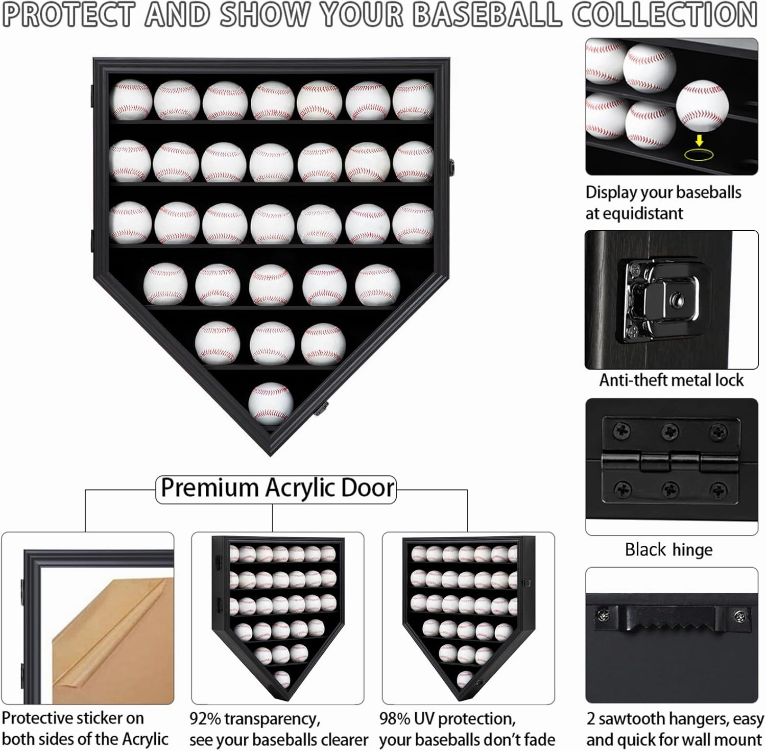 30 Baseball Display Case Wooden Baseball Holders for Balls Display Wall Mount Baseball Shadow Box with Lockable Anti Fade UV Protection Acrylic Door for Autograph Balls Collection Storage