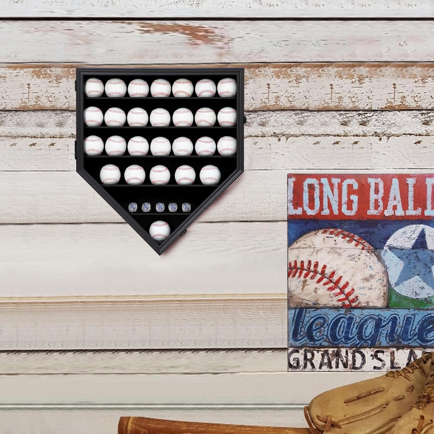 30 Baseball Display Case Wooden Baseball Holders for Balls Display Wall Mount Baseball Shadow Box with Lockable Anti Fade UV Protection Acrylic Door for Autograph Balls Collection Storage