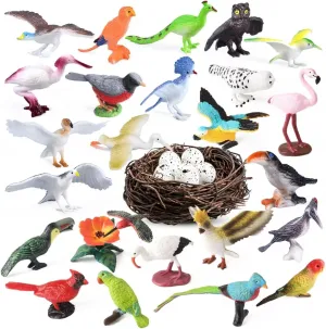 30Pcs Birds Animal Figures Playset,Assorted Realistic Bird Wildlife Toys with Nest Eggs,Parrot,Owl,Eagle,Hummingbird,Flamingo for Kids Educational Birthday Cake Decoration Party Favor School Projects