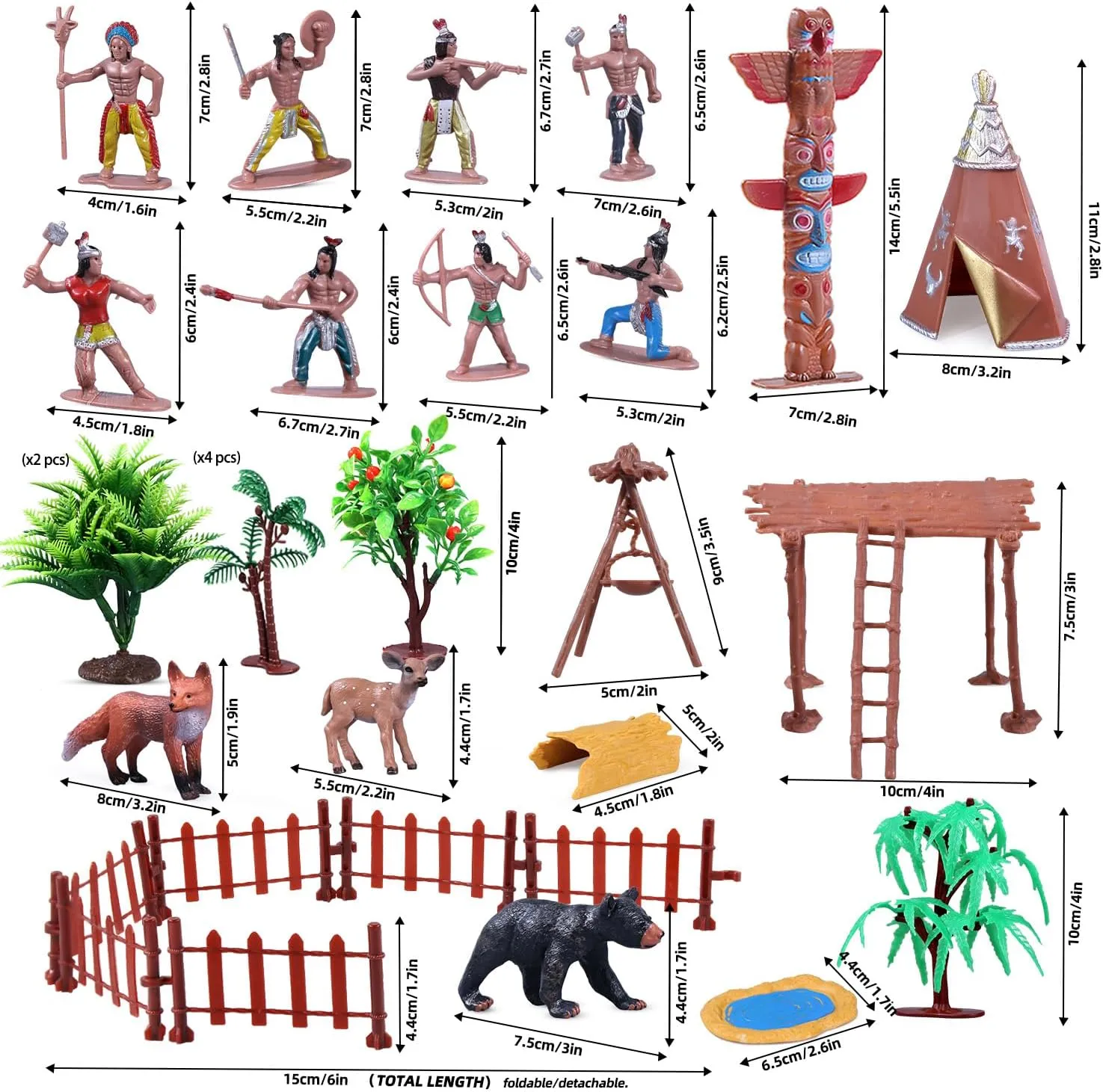 31Pcs Native American Village Playset, Assorted Indigenous People Figures with Tepee, Totem Pole, Fence, Trees, Animals, Tribal Cultural History Educational School Project Toys for Kids
