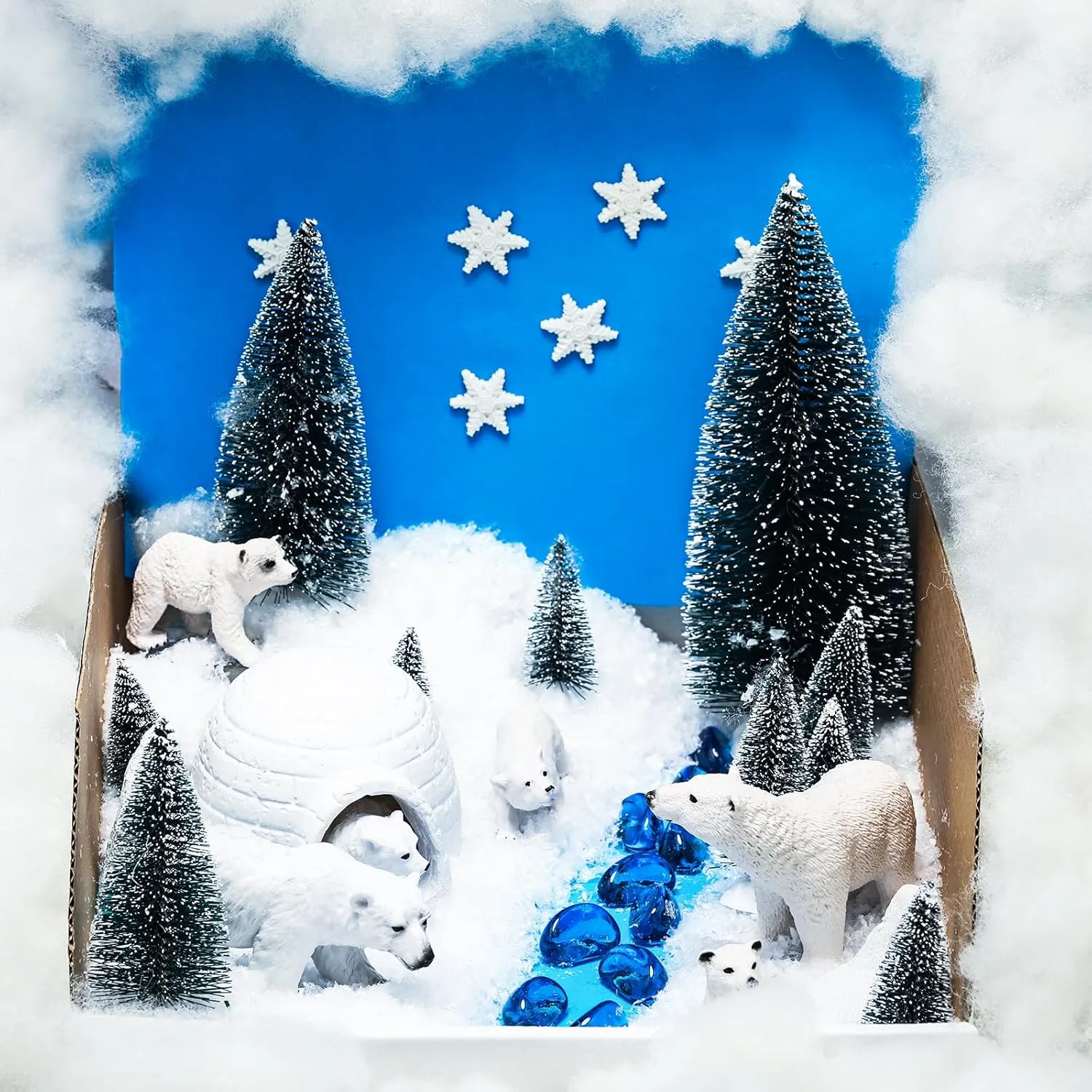 36 Pcs Arctic Bear Animal Diorama Project Set, Diorama Kit Includes White Bear Figures, Pine Trees, Artificial Snowflakes Cotton Paper Fake Iceberg with Transparent Box for Gifts Project