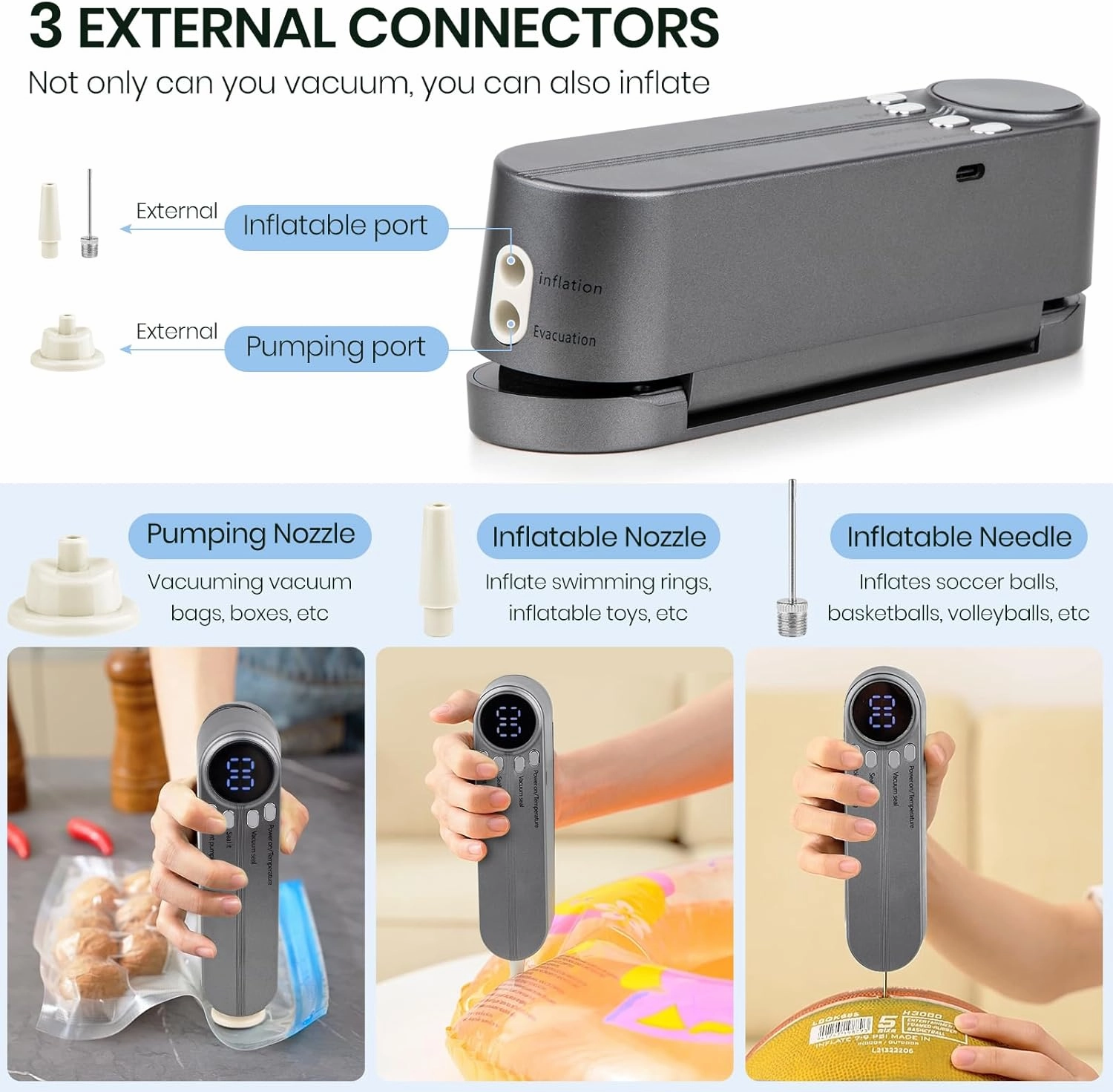3 in 1 Mini Vacuum Sealer for Food, Cordless Rechargeable Food Sealer for Dry/Moist Food Storage with 4 Snack Bags, Heat Sealer for Chip Bags, Inflation Pump for Balls with 1 Needle/1 Nozzle - Grey