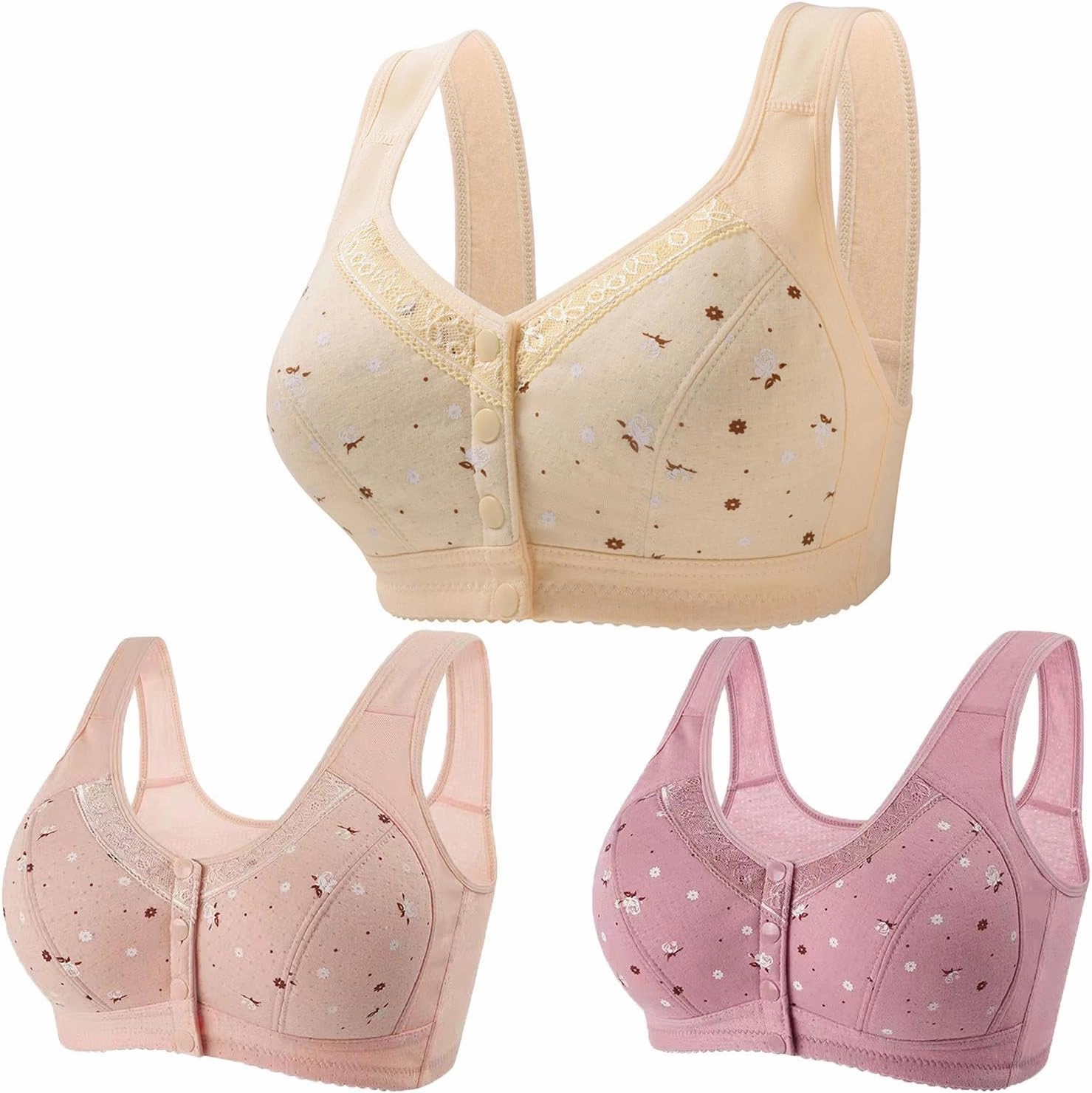 3 Pack T-Shirt Bra Older Womens Daisy Bras Front Closure Comfortable Bralettes