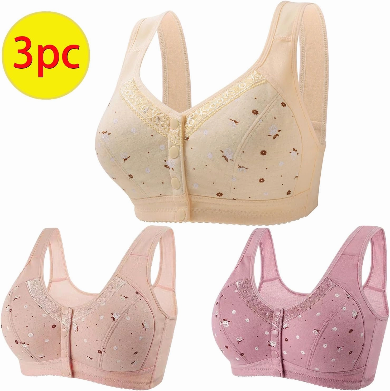 3 Pack T-Shirt Bra Older Womens Daisy Bras Front Closure Comfortable Bralettes