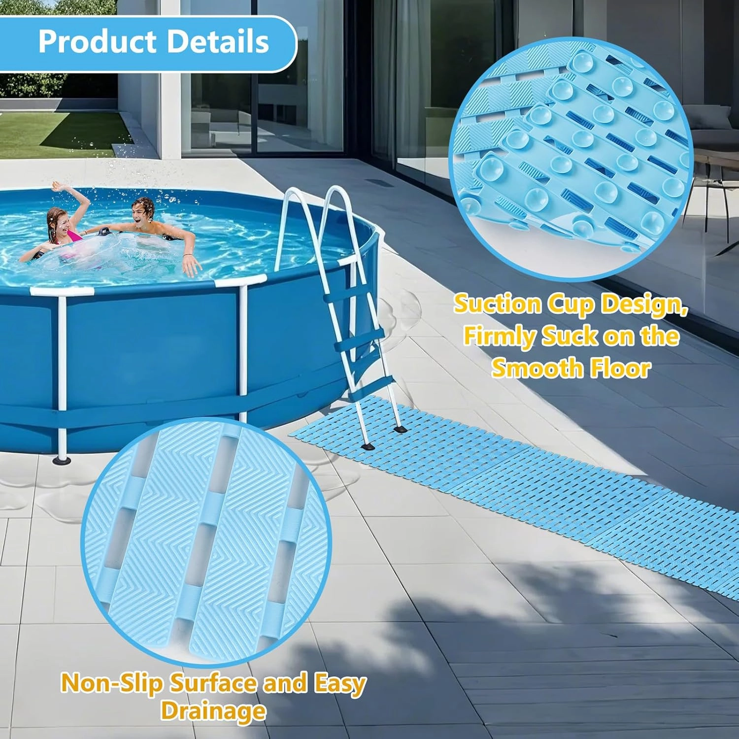 3Pcs Ground Pool Drainage Walkway, 15.7" x 27.6" Pool Drainage Mat, Non-Slip Floor Protector Mat for Protecting Pools Lawn and Away from Litter (Blue, Large, 3)