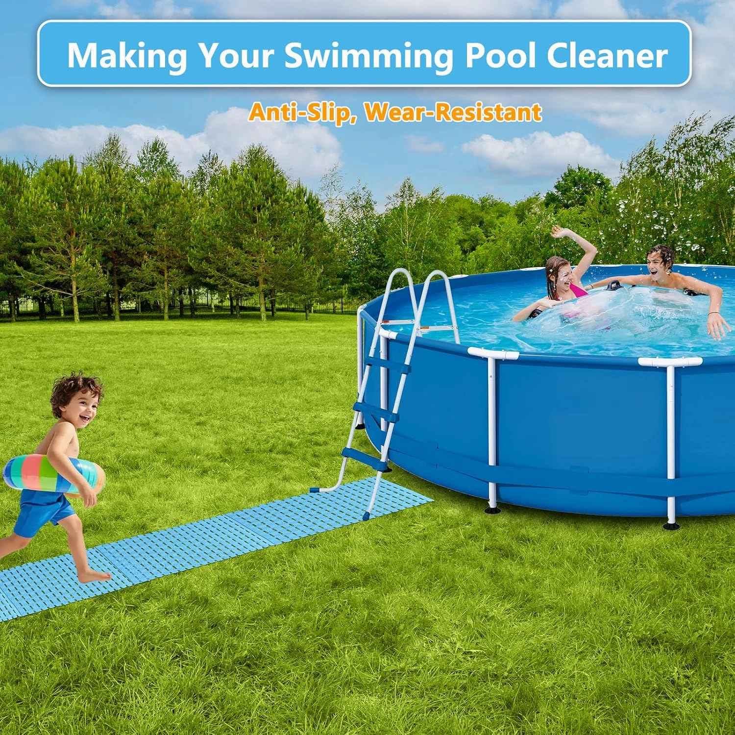 3Pcs Ground Pool Drainage Walkway, 15.7" x 27.6" Pool Drainage Mat, Non-Slip Floor Protector Mat for Protecting Pools Lawn and Away from Litter (Blue, Large, 3)