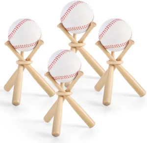 4 Mini Wooden Bat Stands For Baseball, 12 Mini Bats And 4 Rings For Displaying Game Balls And Collectibles