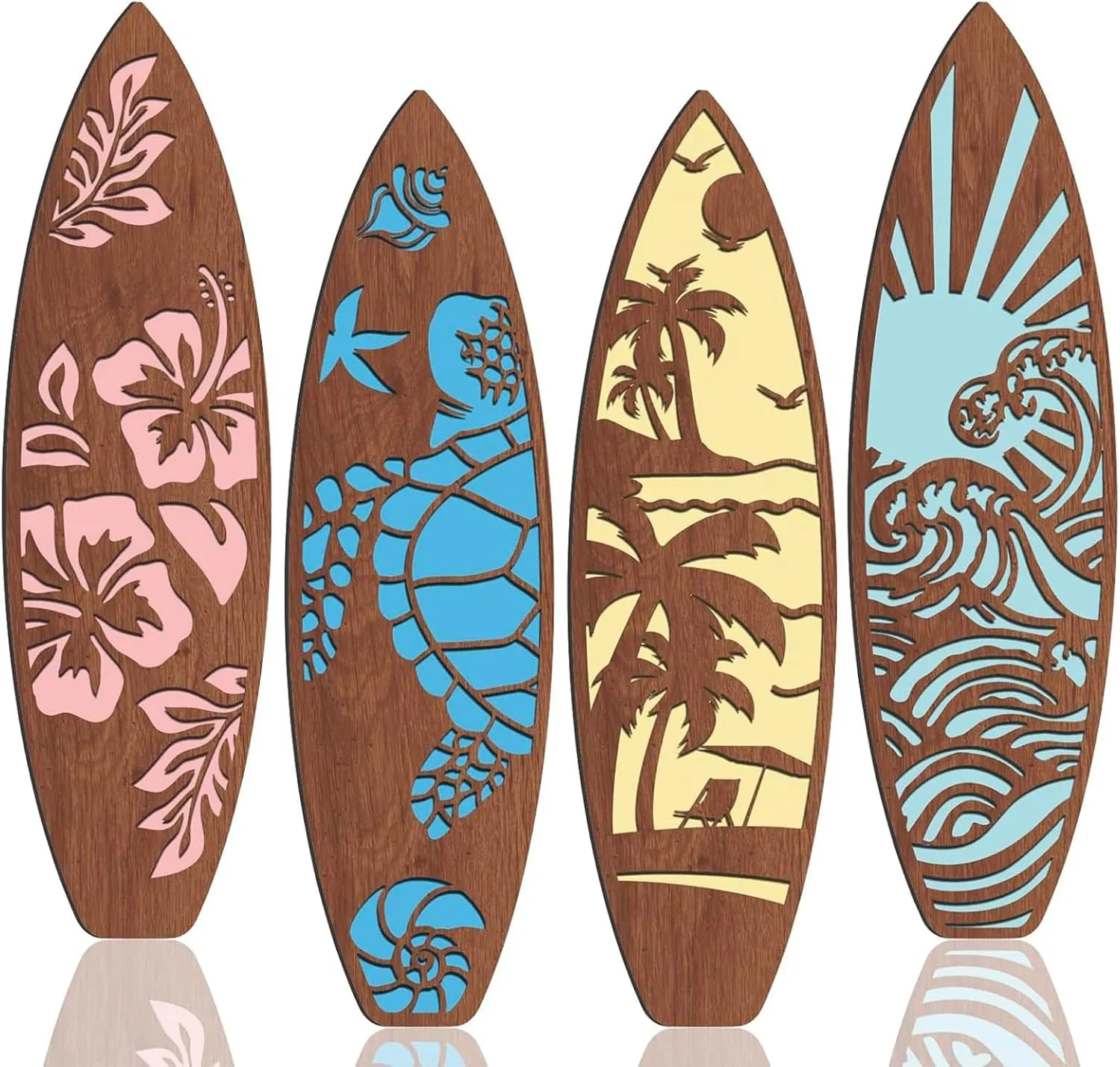 4 Pcs 23.6" x 6.7" Surfboard Wall Decor Large Surfboard Hanging Sign Summer Hawaiian Tropical Surf Boards Decor for Wall Room Bedroom Party Beach Art