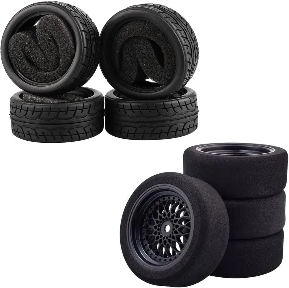 4 PCS Soft Rubber Tires Tyre for RC 1:10 On Road Touring Car, 1/10 On-Road Foam Tires& 2080-3mm Wheel Rims 12mm Hex for HSP HPI RC Racing Car
