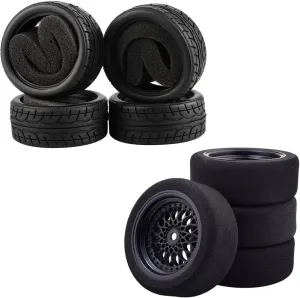 4 PCS Soft Rubber Tires Tyre for RC 1:10 On Road Touring Car, 1/10 On-Road Foam Tires& 2080-3mm Wheel Rims 12mm Hex for HSP HPI RC Racing Car