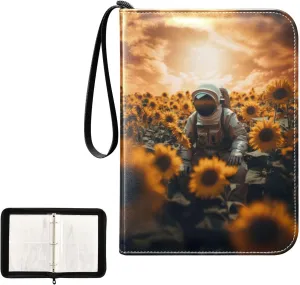4 Pockets Trading Card Album Holder Book Folder Sports Card Binder Astronaut Sunflower 400 Double Side Pockets for 3 Ring Binder Zipper