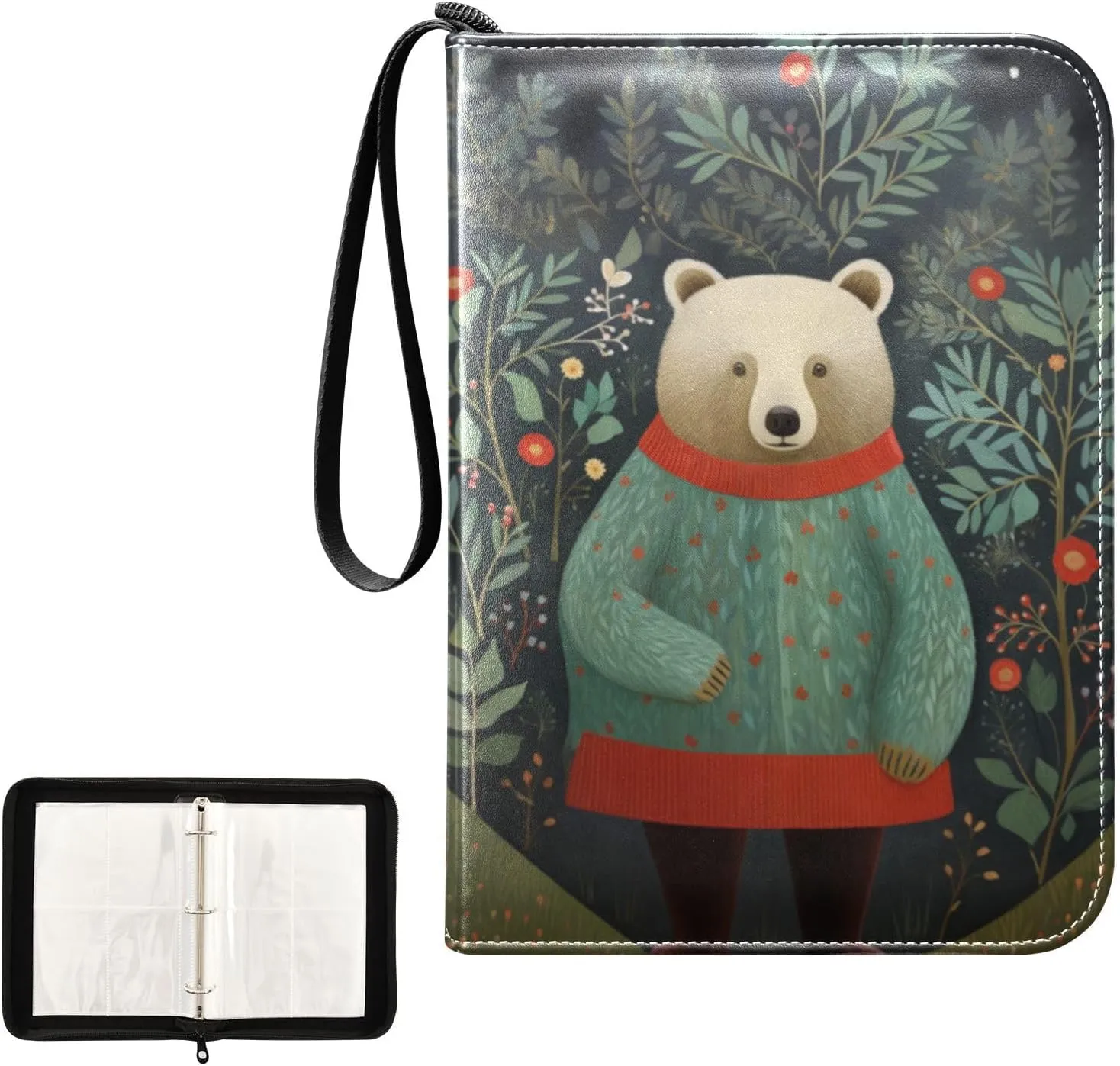 4 Pockets Trading Card Album Holder Book Folder Sports Card Binder Bear Retro 400 Double Side Pockets for 3 Ring Binder Zipper