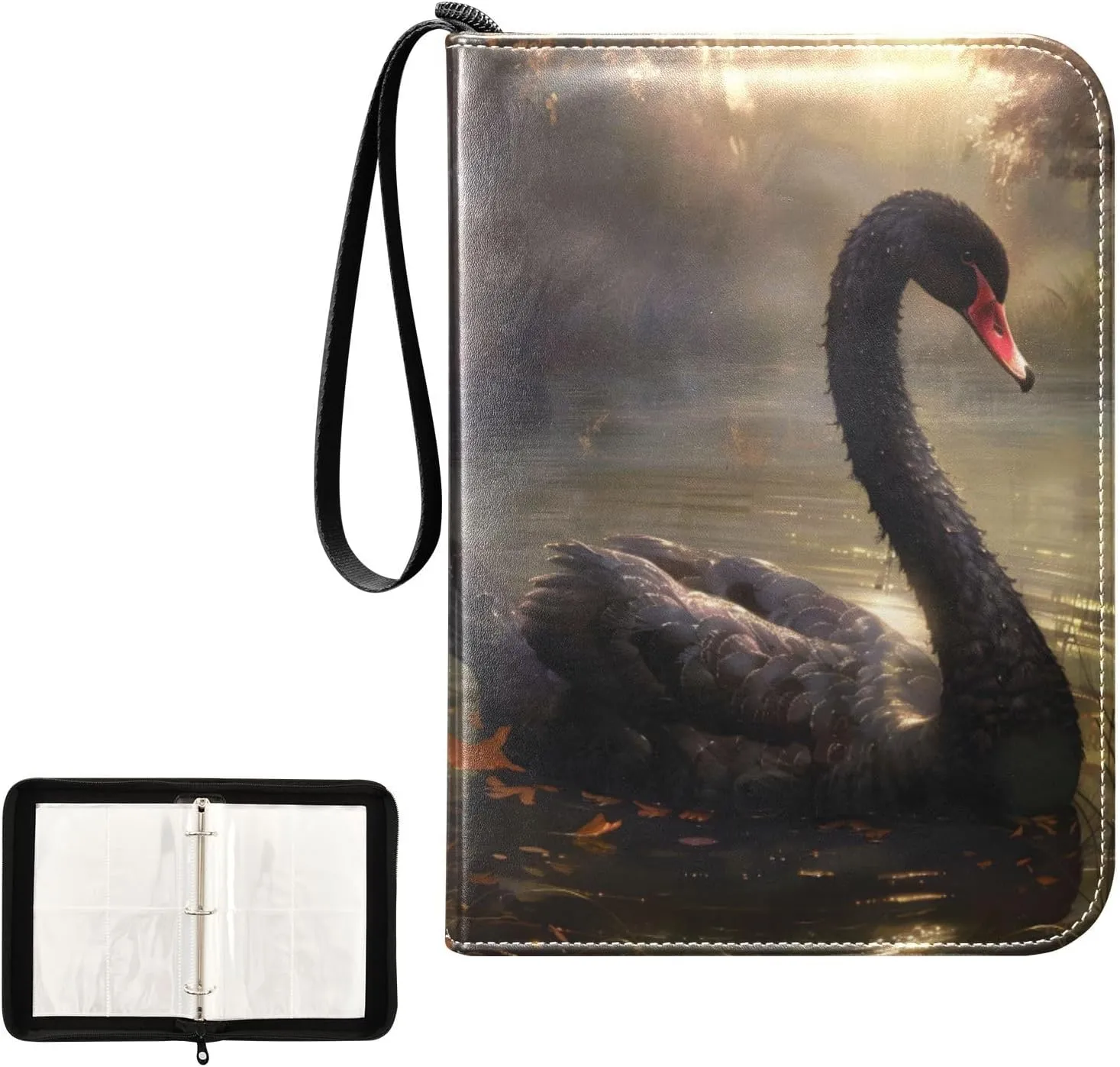 4 Pockets Trading Card Album Holder Book Folder Sports Card Binder Black Swan 400 Double Side Pockets for 3 Ring Binder Zipper