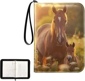 4 Pockets Trading Card Album Holder Book Folder Sports Card Binder Brown Horse 400 Double Side Pockets for 3 Ring Binder Zipper