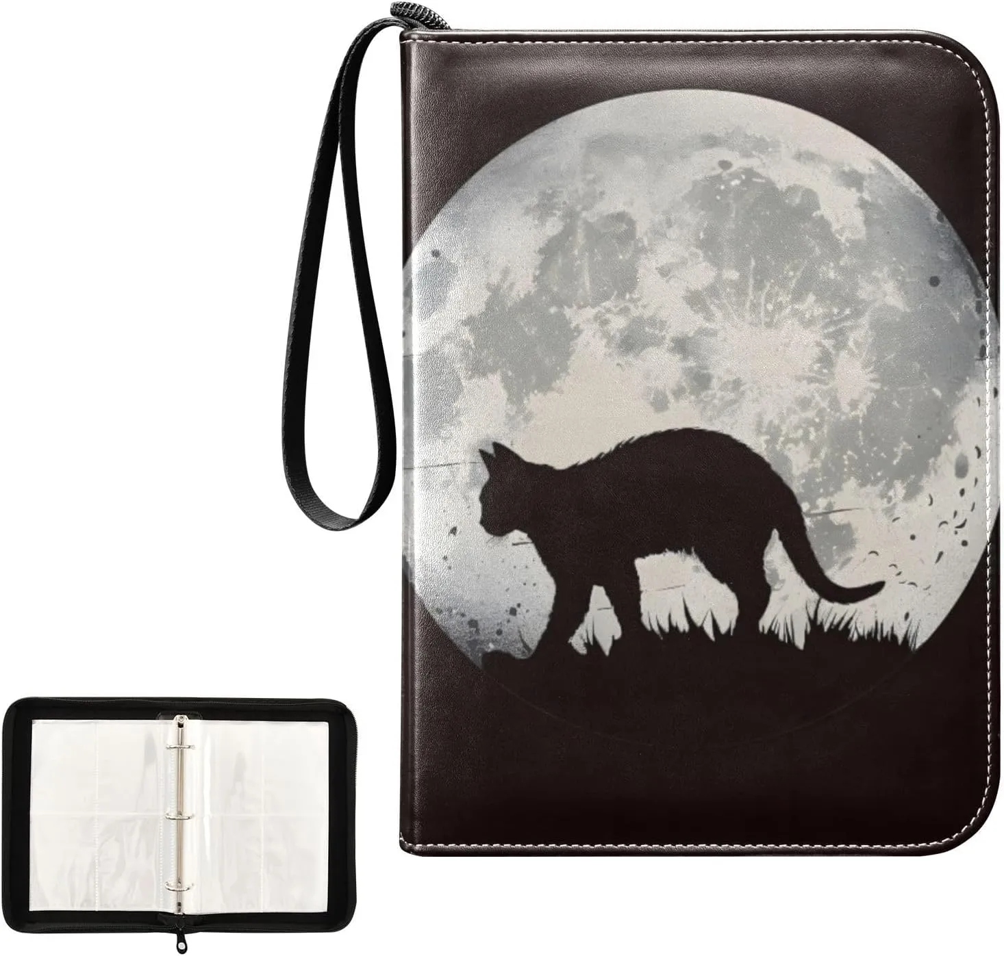 4 Pockets Trading Card Album Holder Book Folder Sports Card Binder Cat Silhouette Moon 400 Double Side Pockets for 3 Ring Binder Zipper