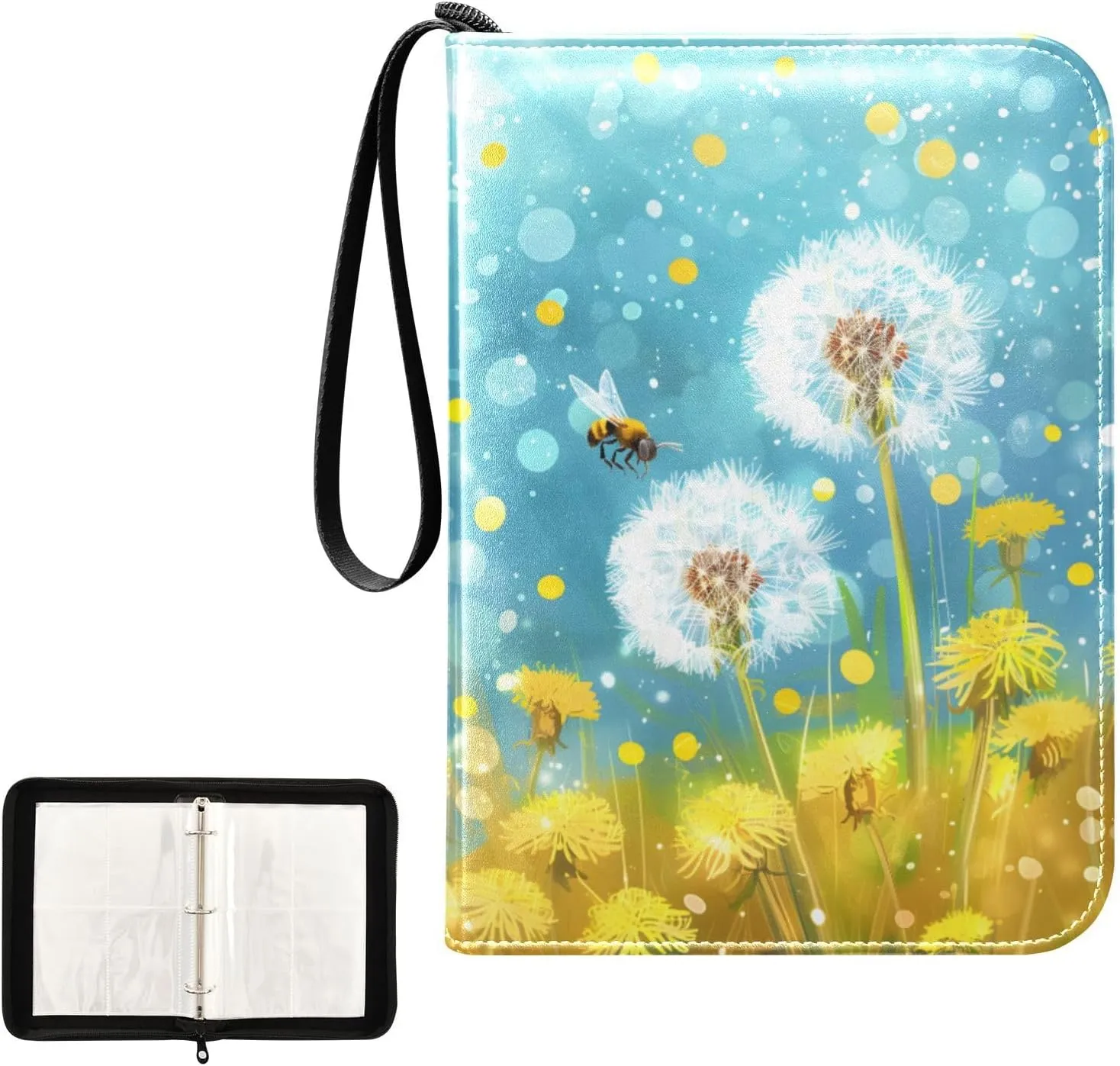 4 Pockets Trading Card Album Holder Book Folder Sports Card Binder Dandelion Bee 400 Double Side Pockets for 3 Ring Binder Zipper