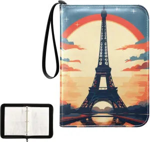 4 Pockets Trading Card Album Holder Book Folder Sports Card Binder Eiffel Tower Moon 400 Double Side Pockets for 3 Ring Binder Zipper