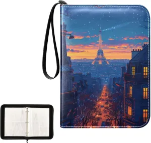 4 Pockets Trading Card Album Holder Book Folder Sports Card Binder Eiffel Tower Night 400 Double Side Pockets for 3 Ring Binder Zipper