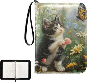4 Pockets Trading Card Album Holder Book Folder Sports Card Binder Garden Cat Butterfly 400 Double Side Pockets for 3 Ring Binder Zipper