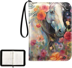 4 Pockets Trading Card Album Holder Book Folder Sports Card Binder Horse Flower 400 Double Side Pockets for 3 Ring Binder Zipper