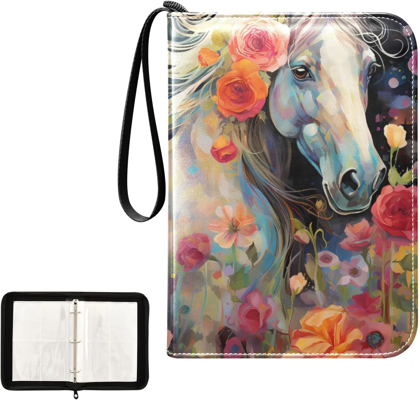 4 Pockets Trading Card Album Holder Book Folder Sports Card Binder Horse Flower 400 Double Side Pockets for 3 Ring Binder Zipper
