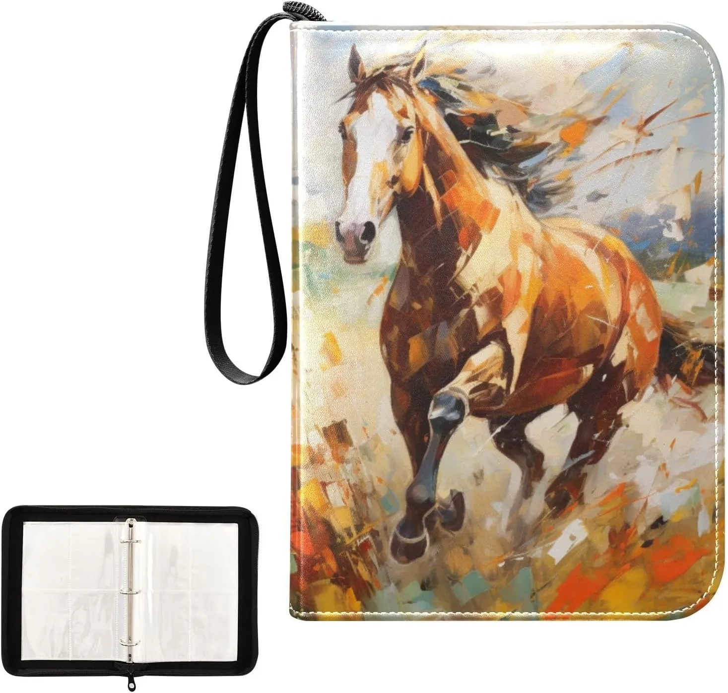 4 Pockets Trading Card Album Holder Book Folder Sports Card Binder Horse Painting 1 400 Double Side Pockets for 3 Ring Binder Zipper