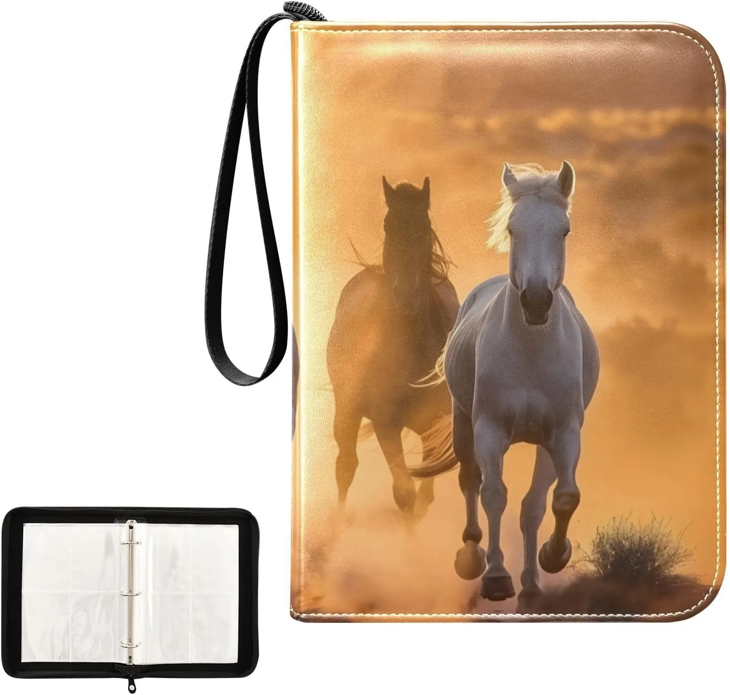 4 Pockets Trading Card Album Holder Book Folder Sports Card Binder Horse Sunset 400 Double Side Pockets for 3 Ring Binder Zipper