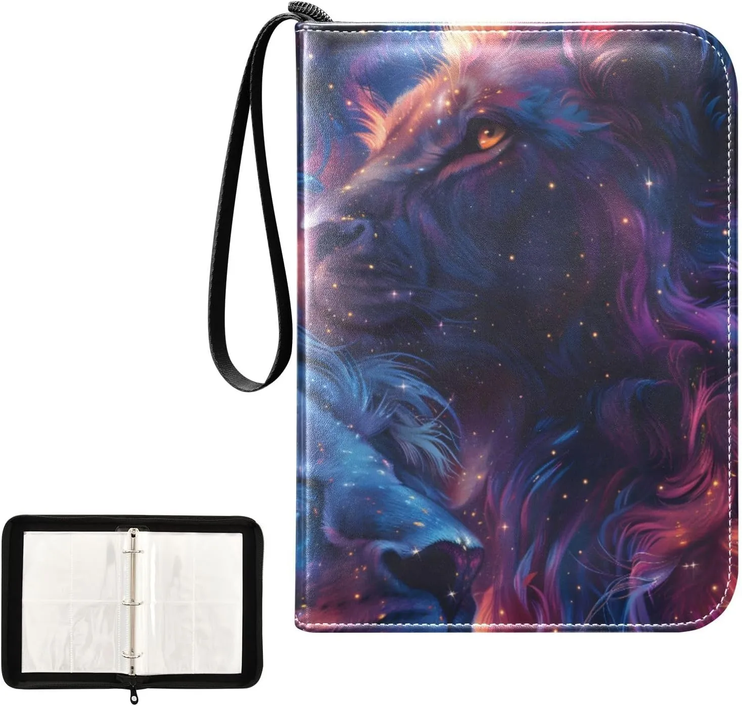 4 Pockets Trading Card Album Holder Book Folder Sports Card Binder Lion Starry Sky 400 Double Side Pockets for 3 Ring Binder Zipper