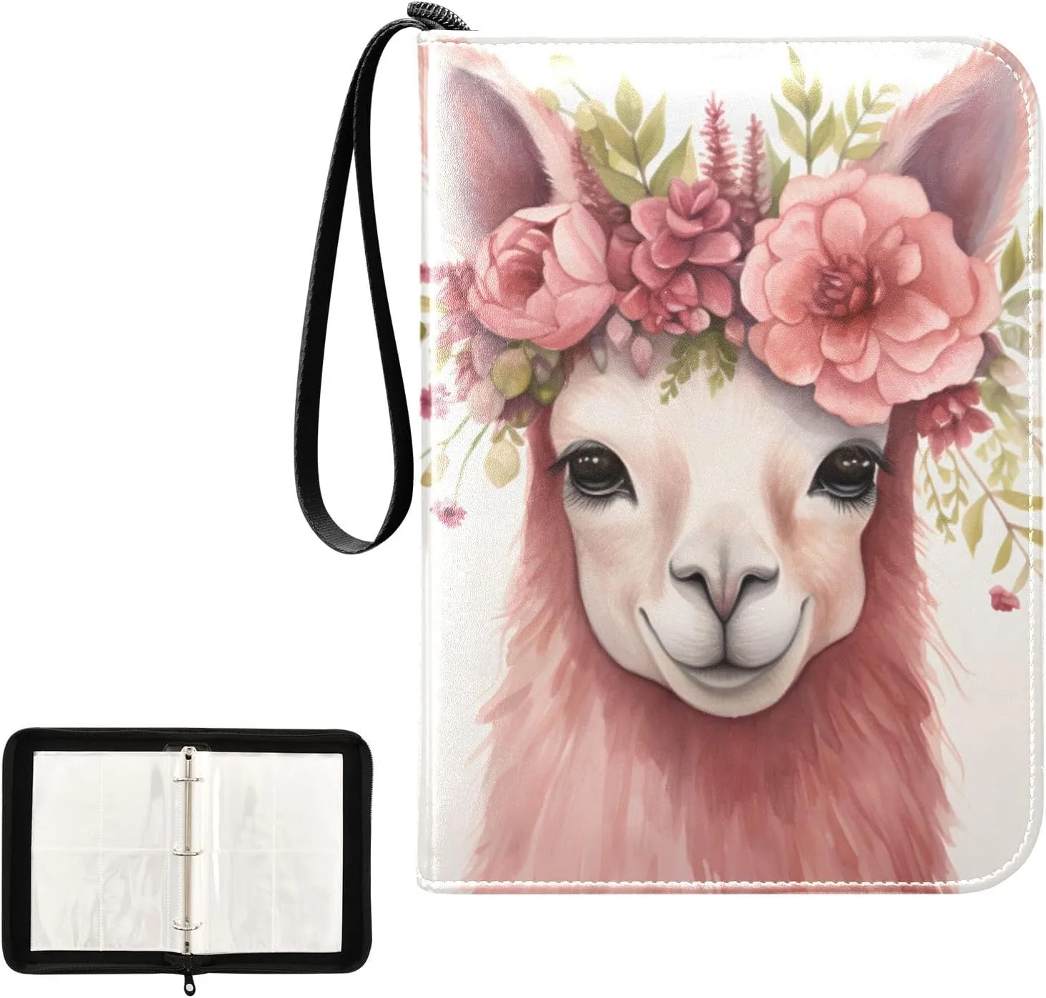 4 Pockets Trading Card Album Holder Book Folder Sports Card Binder Llama Pink 400 Double Side Pockets for 3 Ring Binder Zipper