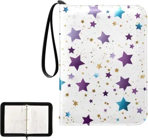 4 Pockets Trading Card Album Holder Book Folder Sports Card Binder Purple Star White 400 Double Side Pockets for 3 Ring Binder Zipper