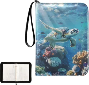 4 Pockets Trading Card Album Holder Book Folder Sports Card Binder Sea Turtle Swimming 400 Double Side Pockets for 3 Ring Binder Zipper