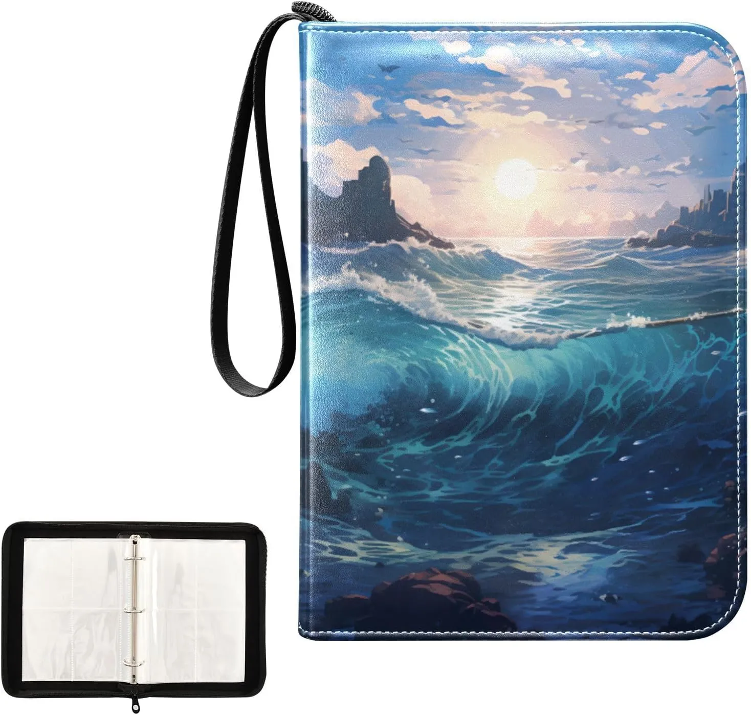 4 Pockets Trading Card Album Holder Book Folder Sports Card Binder Sea Wave 3 400 Double Side Pockets for 3 Ring Binder Zipper