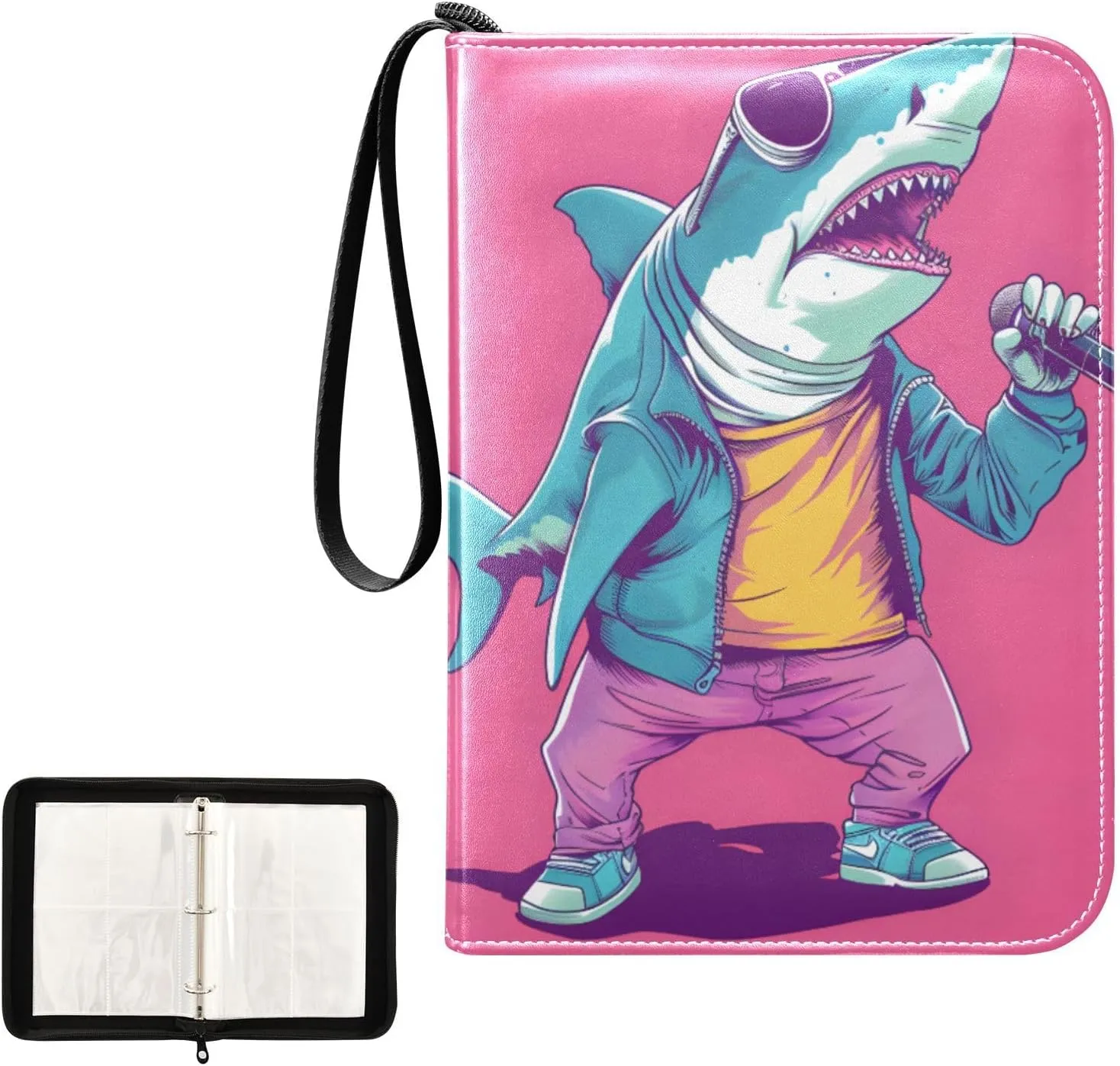 4 Pockets Trading Card Album Holder Book Folder Sports Card Binder Singing Shark 400 Double Side Pockets for 3 Ring Binder Zipper