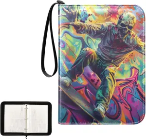 4 Pockets Trading Card Album Holder Book Folder Sports Card Binder Skull Skateboard 400 Double Side Pockets for 3 Ring Binder Zipper