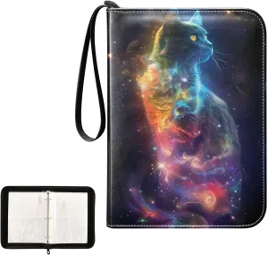 4 Pockets Trading Card Album Holder Book Folder Sports Card Binder Space Cat 400 Double Side Pockets for 3 Ring Binder Zipper