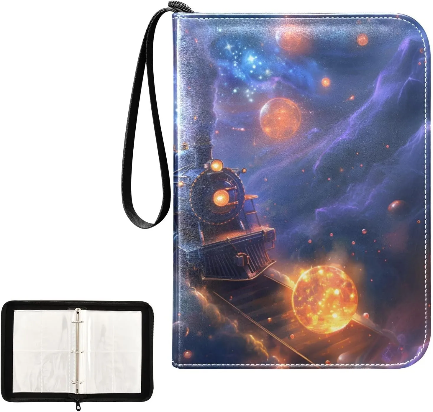 4 Pockets Trading Card Album Holder Book Folder Sports Card Binder Space Train 400 Double Side Pockets for 3 Ring Binder Zipper