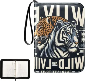 4 Pockets Trading Card Album Holder Book Folder Sports Card Binder Tiger Leopard Wildlife 400 Double Side Pockets for 3 Ring Binder Zipper