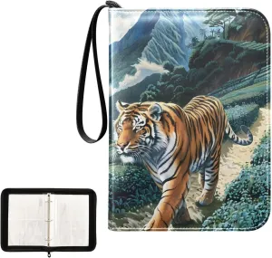4 Pockets Trading Card Album Holder Book Folder Sports Card Binder Tiger Painting 400 Double Side Pockets for 3 Ring Binder Zipper