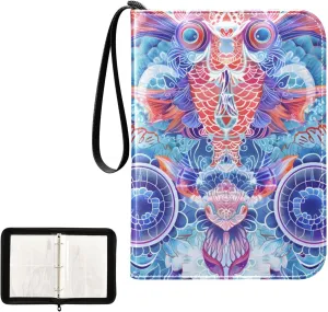 4 Pockets Trading Card Album Holder Book Folder Sports Card Binder Traditional Fish Pattern 400 Double Side Pockets for 3 Ring Binder Zipper
