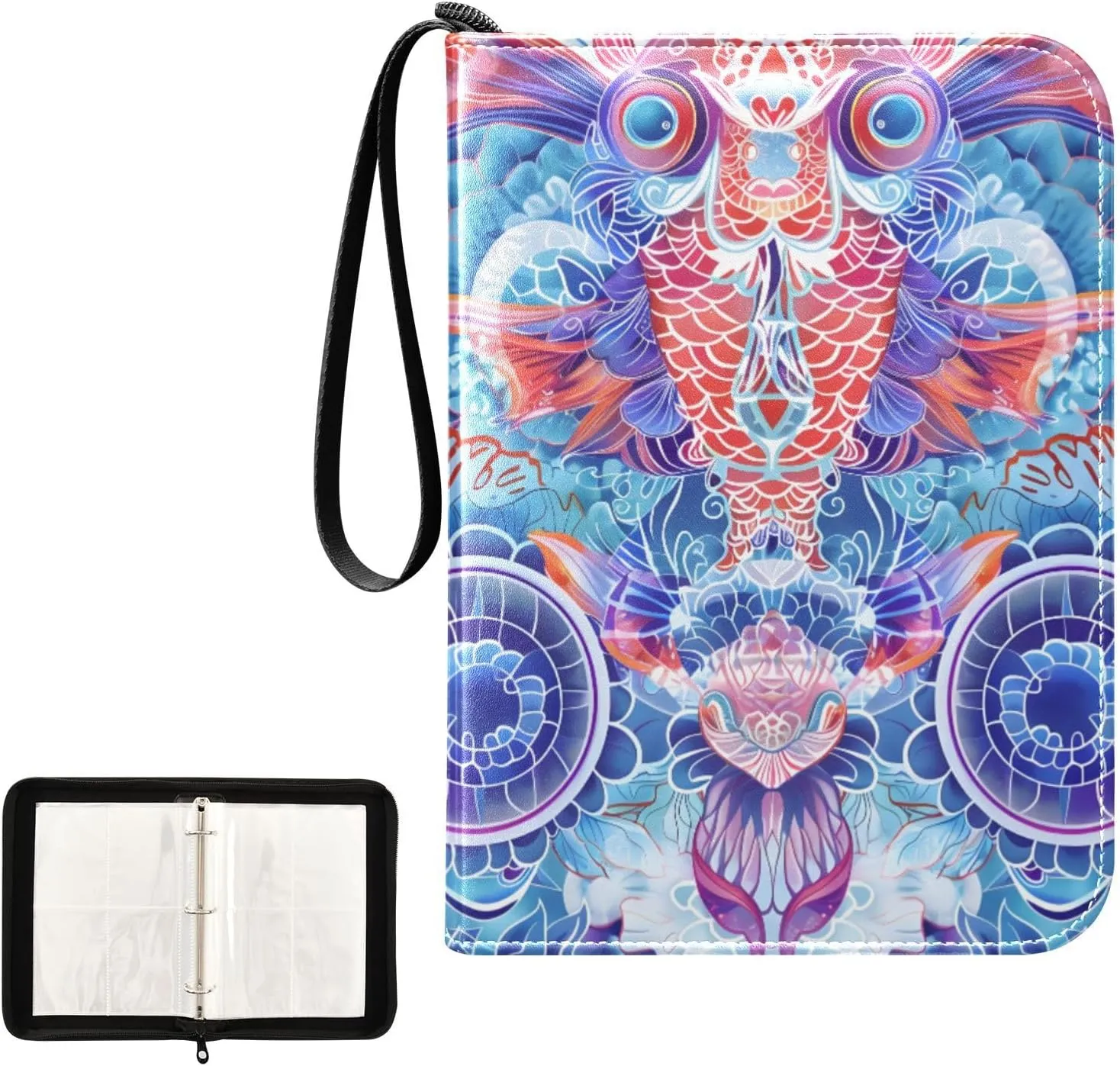 4 Pockets Trading Card Album Holder Book Folder Sports Card Binder Traditional Fish Pattern 400 Double Side Pockets for 3 Ring Binder Zipper