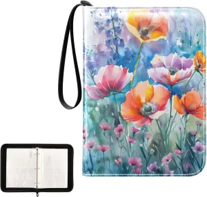 4 Pockets Trading Card Album Holder Book Folder Sports Card Binder Watercolor Flowers 400 Double Side Pockets for 3 Ring Binder Zipper
