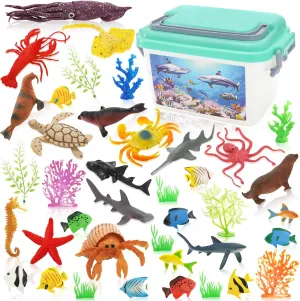 40 Pack Ocean Sea Animal Figure, Plastic Marine World Assorted Sea Creatures Set with Storage Box, Realistic Under The Sea Life Figure for for Party, Cake, Cupcake Toppers