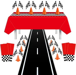 42 Pcs Racing Car Birthday Party Supplies 54 x 108 Inches Red Tablecloth, 7 Inch Orange Traffic Cones Sport Training Cones and Racing Checkered Flags for Car Theme Party
