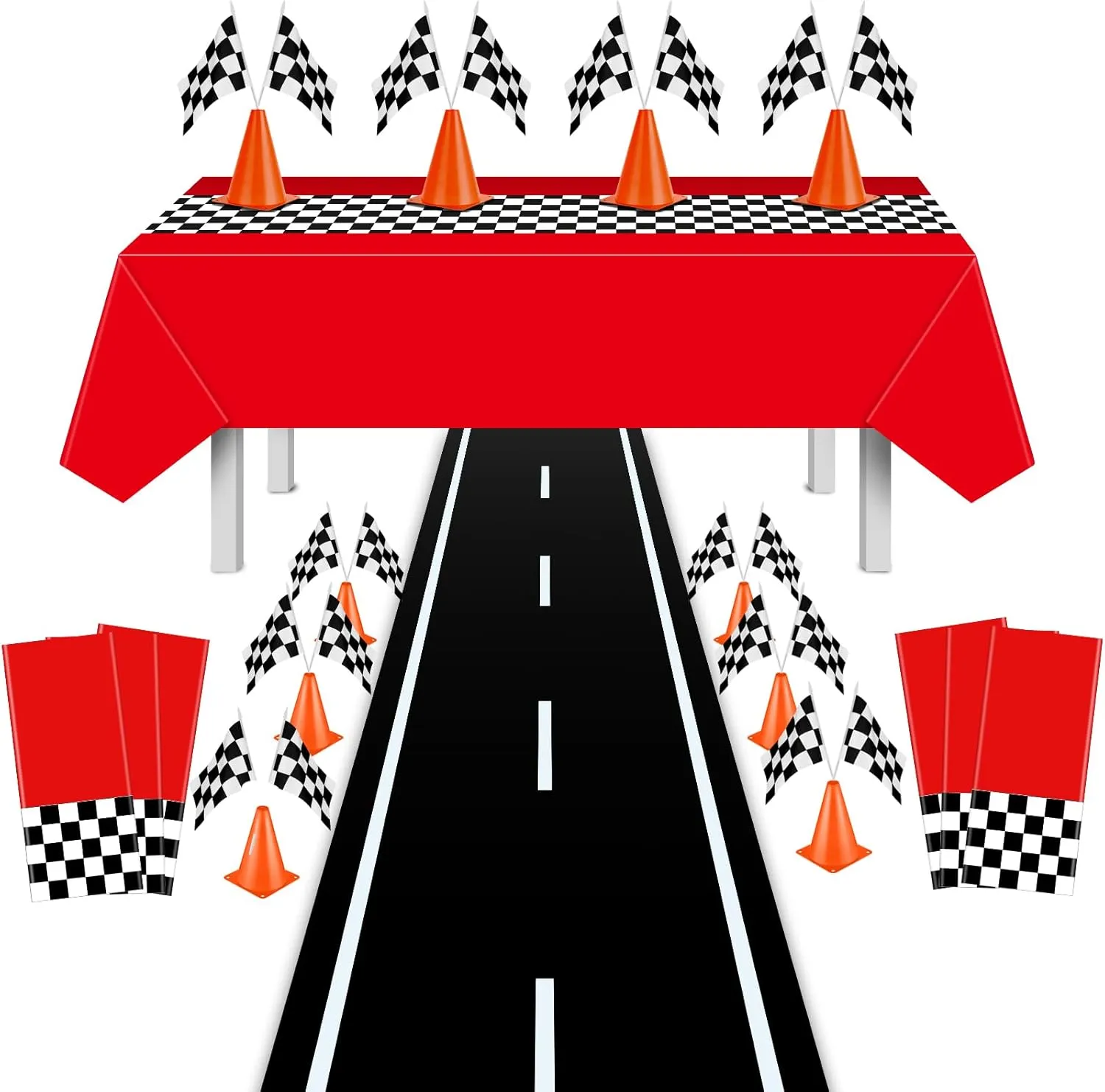 42 Pcs Racing Car Birthday Party Supplies 54 x 108 Inches Red Tablecloth, 7 Inch Orange Traffic Cones Sport Training Cones and Racing Checkered Flags for Car Theme Party