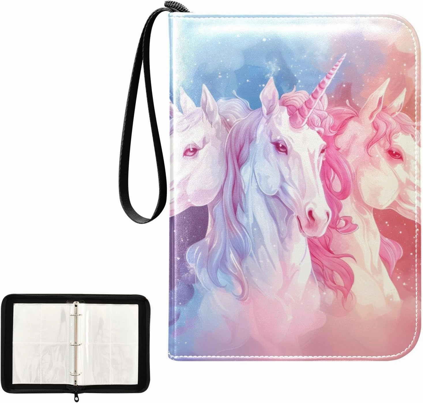 4 Pockets Trading Card Album Holder Book Folder Sports Card Binder 3 Unicorns 400 Double Side Pockets for 3 Ring Binder Zipper