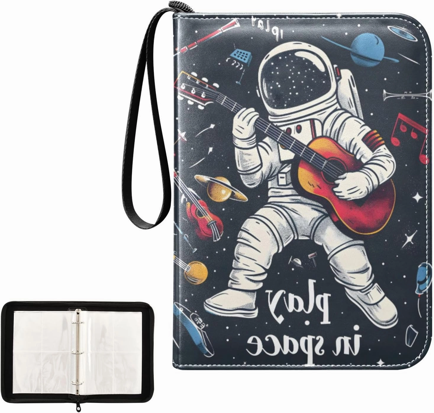 4 Pockets Trading Card Album Holder Book Folder Sports Card Binder Astronaut Guitar 400 Double Side Pockets for 3 Ring Binder Zipper
