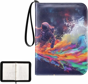 4 Pockets Trading Card Album Holder Book Folder Sports Card Binder Astronaut Surfing 400 Double Side Pockets for 3 Ring Binder Zipper