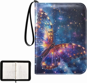 4 Pockets Trading Card Album Holder Book Folder Sports Card Binder Butterfly Starry Sky 400 Double Side Pockets for 3 Ring Binder Zipper